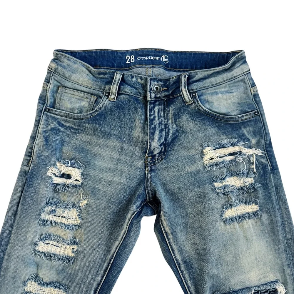 Crysp Denim Men's‎ Distressed Ripped Patch Jeans Sz 28 Blue 28x31 Moto Fit Biker